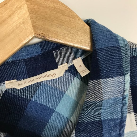Soft surroundings women’s blue plaid tunic top short button down flannel medium - Picture 4 of 8